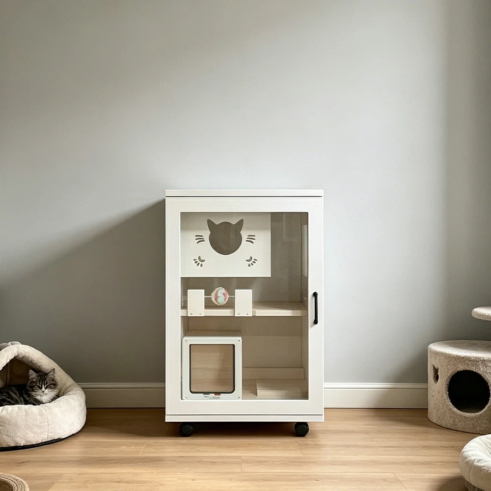 PAWORA Multi-Level Cat Cabinet with Ventilated Transparent Doors 60x60x90cm For Living Room Balcony Pet Room - White