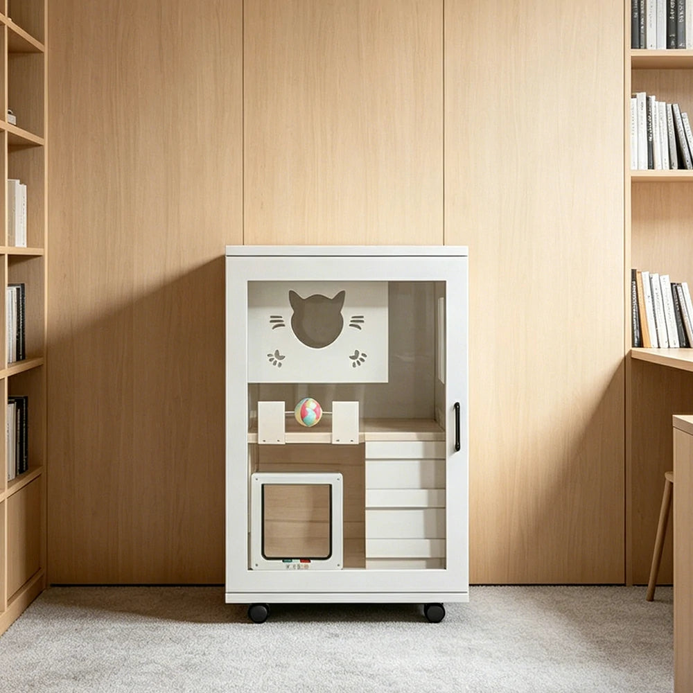 PAWORA Multi-Level Cat Cabinet with Ventilated Transparent Doors 60x60x90cm For Living Room Balcony Pet Room - White