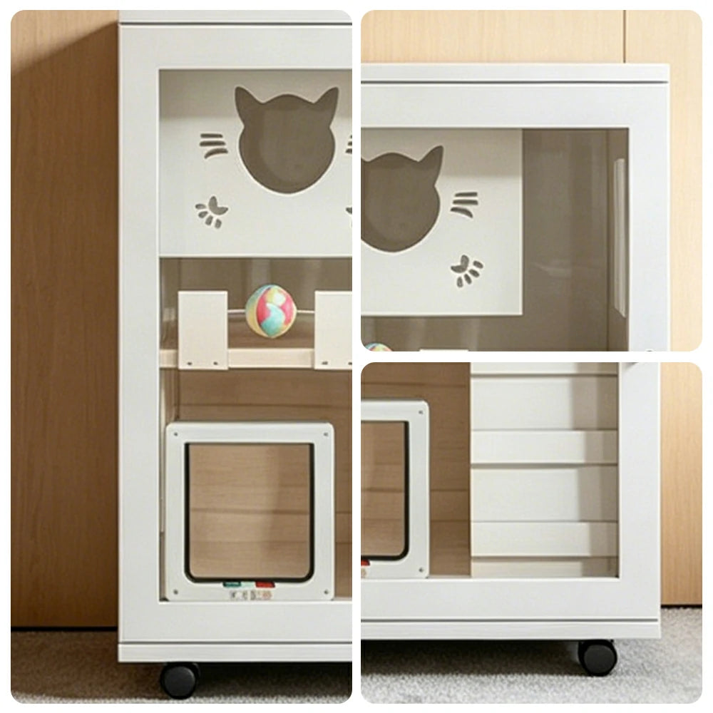PAWORA Multi-Level Cat Cabinet with Ventilated Transparent Doors 60x60x90cm For Living Room Balcony Pet Room - White
