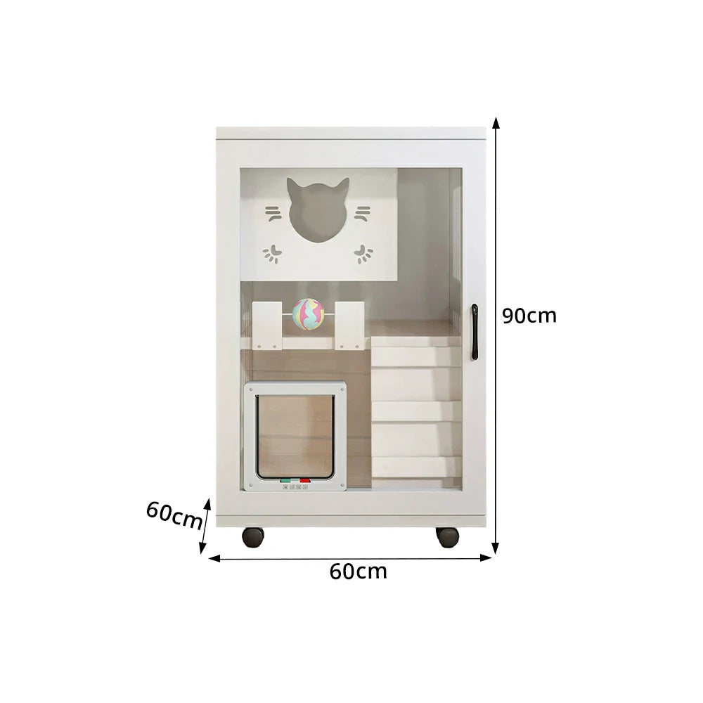 PAWORA Multi-Level Cat Cabinet with Ventilated Transparent Doors 60x60x90cm For Living Room Balcony Pet Room - White