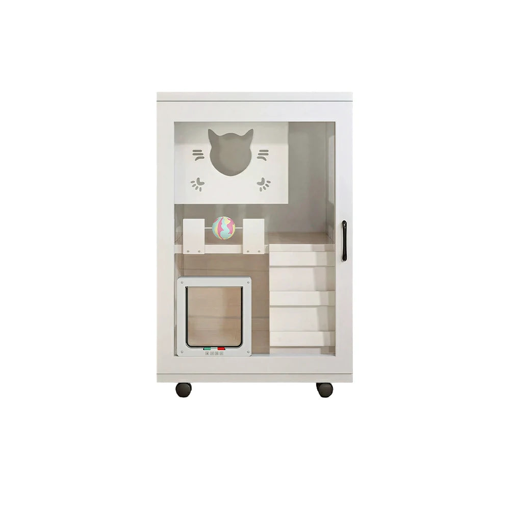 PAWORA Multi-Level Cat Cabinet with Ventilated Transparent Doors 60x60x90cm For Living Room Balcony Pet Room - White