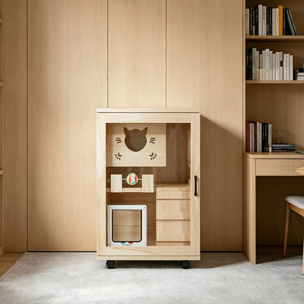 PAWORA Multi-Level Cat Cabinet with Ventilated Transparent Doors 60x60x90cm For Living Room Balcony Pet Room - Wood