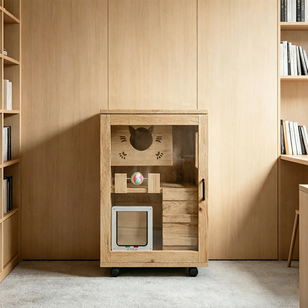 PAWORA Multi-Level Cat Cabinet with Ventilated Transparent Doors 60x60x90cm For Living Room Balcony Pet Room - Wood