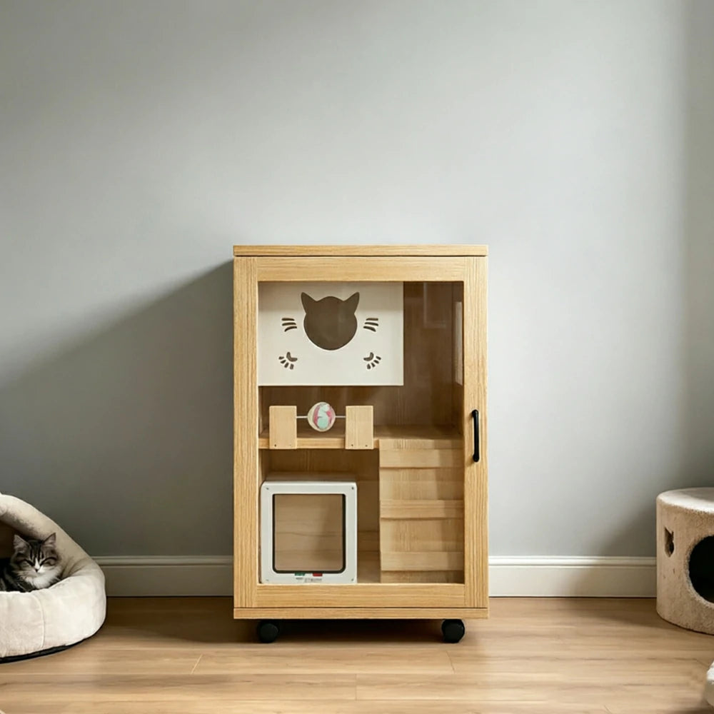PAWORA Multi-Level Cat Cabinet with Ventilated Transparent Doors 60x60x90cm For Living Room Balcony Pet Room - Wood