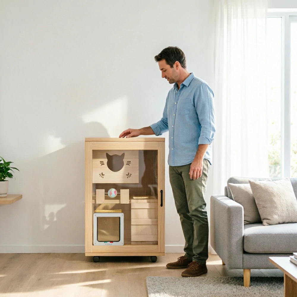PAWORA Multi-Level Cat Cabinet with Ventilated Transparent Doors 60x60x90cm For Living Room Balcony Pet Room - Wood
