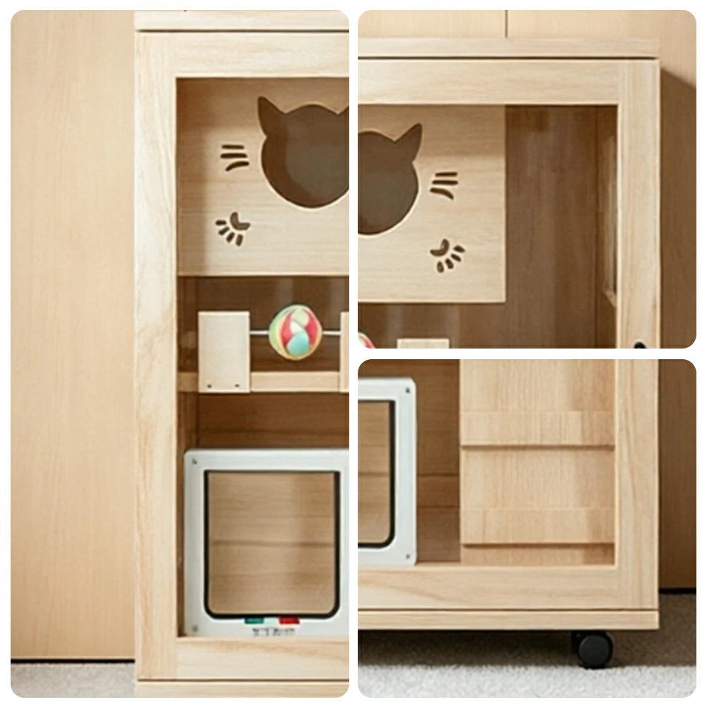 PAWORA Multi-Level Cat Cabinet with Ventilated Transparent Doors 60x60x90cm For Living Room Balcony Pet Room - Wood