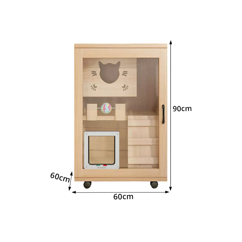 PAWORA Multi-Level Cat Cabinet with Ventilated Transparent Doors 60x60x90cm For Living Room Balcony Pet Room - Wood