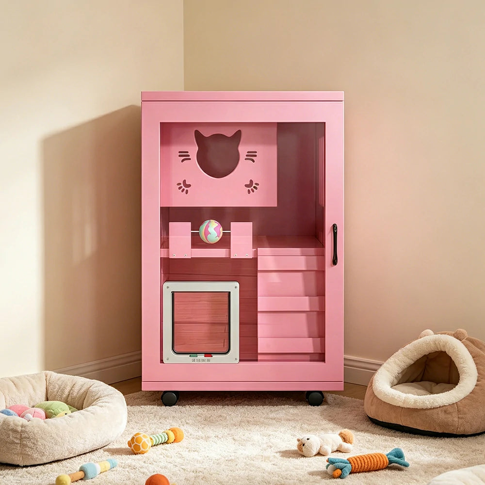 PAWORA Multi-Level Cat Cabinet with Ventilated Transparent Doors 60x60x90cm For Living Room Balcony Pet Room - Pink