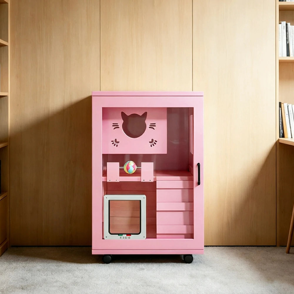 PAWORA Multi-Level Cat Cabinet with Ventilated Transparent Doors 60x60x90cm For Living Room Balcony Pet Room - Pink
