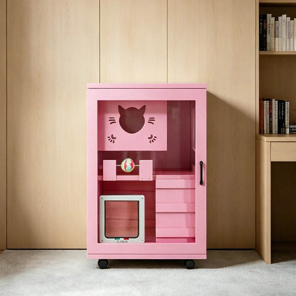 PAWORA Multi-Level Cat Cabinet with Ventilated Transparent Doors 60x60x90cm For Living Room Balcony Pet Room - Pink
