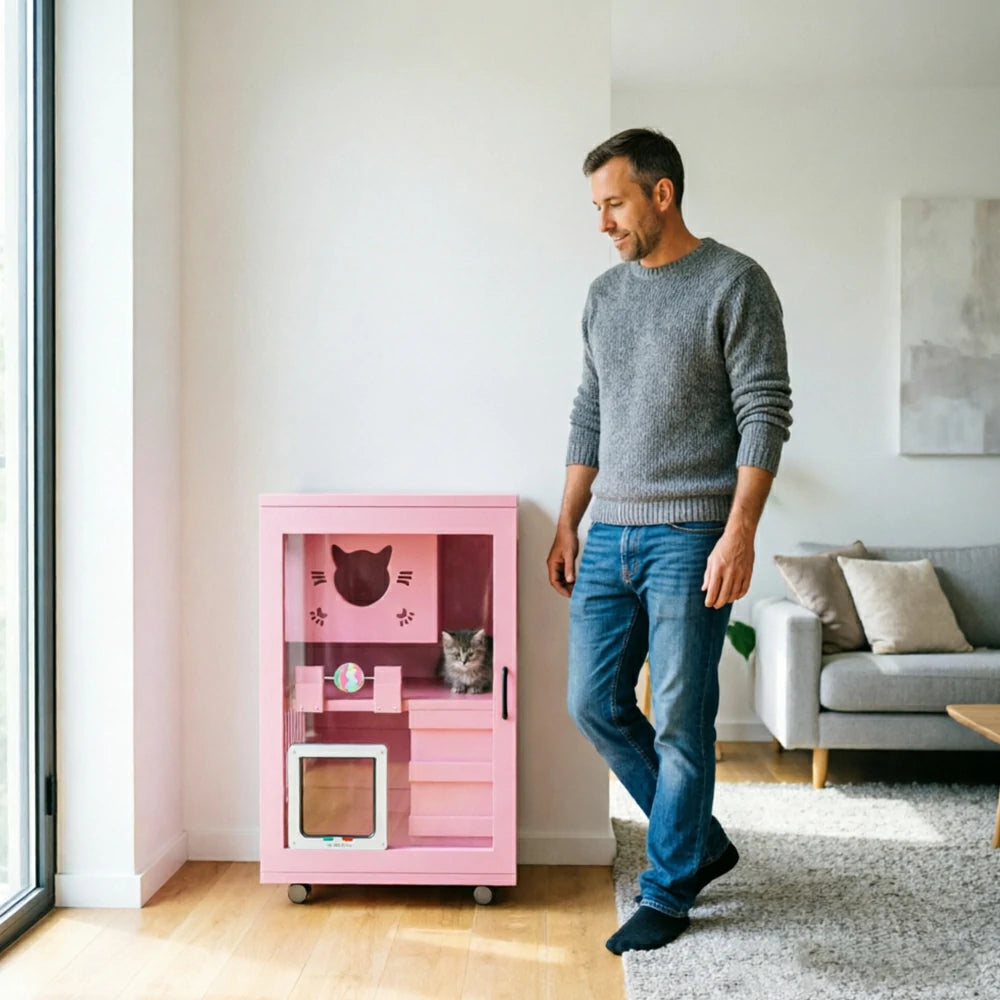 PAWORA Multi-Level Cat Cabinet with Ventilated Transparent Doors 60x60x90cm For Living Room Balcony Pet Room - Pink