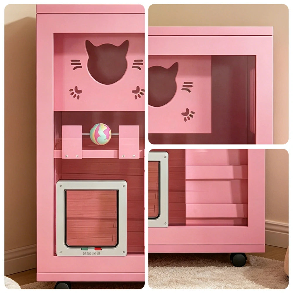 PAWORA Multi-Level Cat Cabinet with Ventilated Transparent Doors 60x60x90cm For Living Room Balcony Pet Room - Pink