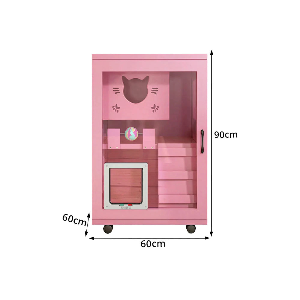 PAWORA Multi-Level Cat Cabinet with Ventilated Transparent Doors 60x60x90cm For Living Room Balcony Pet Room - Pink