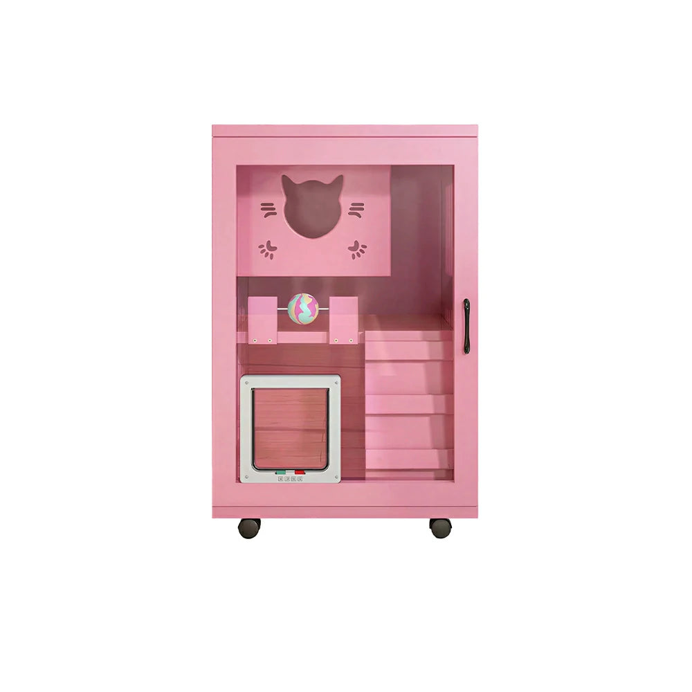 PAWORA Multi-Level Cat Cabinet with Ventilated Transparent Doors 60x60x90cm For Living Room Balcony Pet Room - Pink