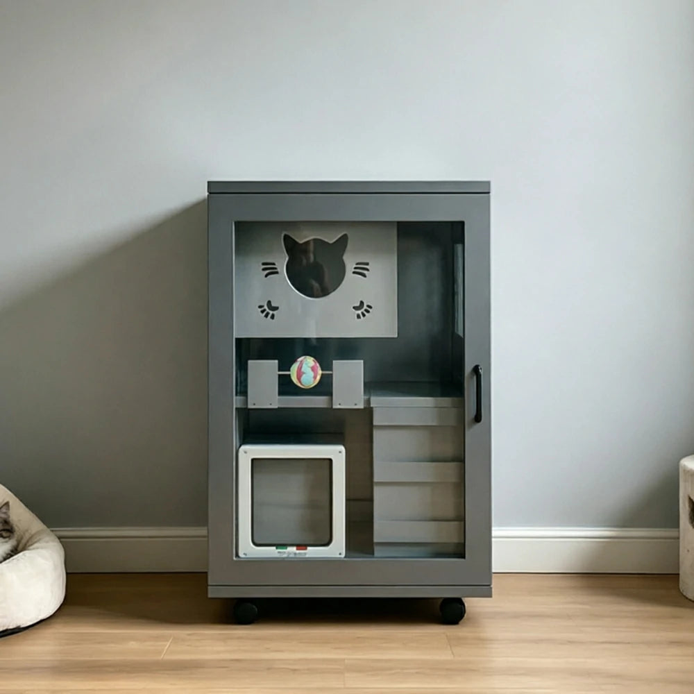 PAWORA Multi-Level Cat Cabinet with Ventilated Transparent Doors 60x60x90cm For Living Room Balcony Pet Room - Grey