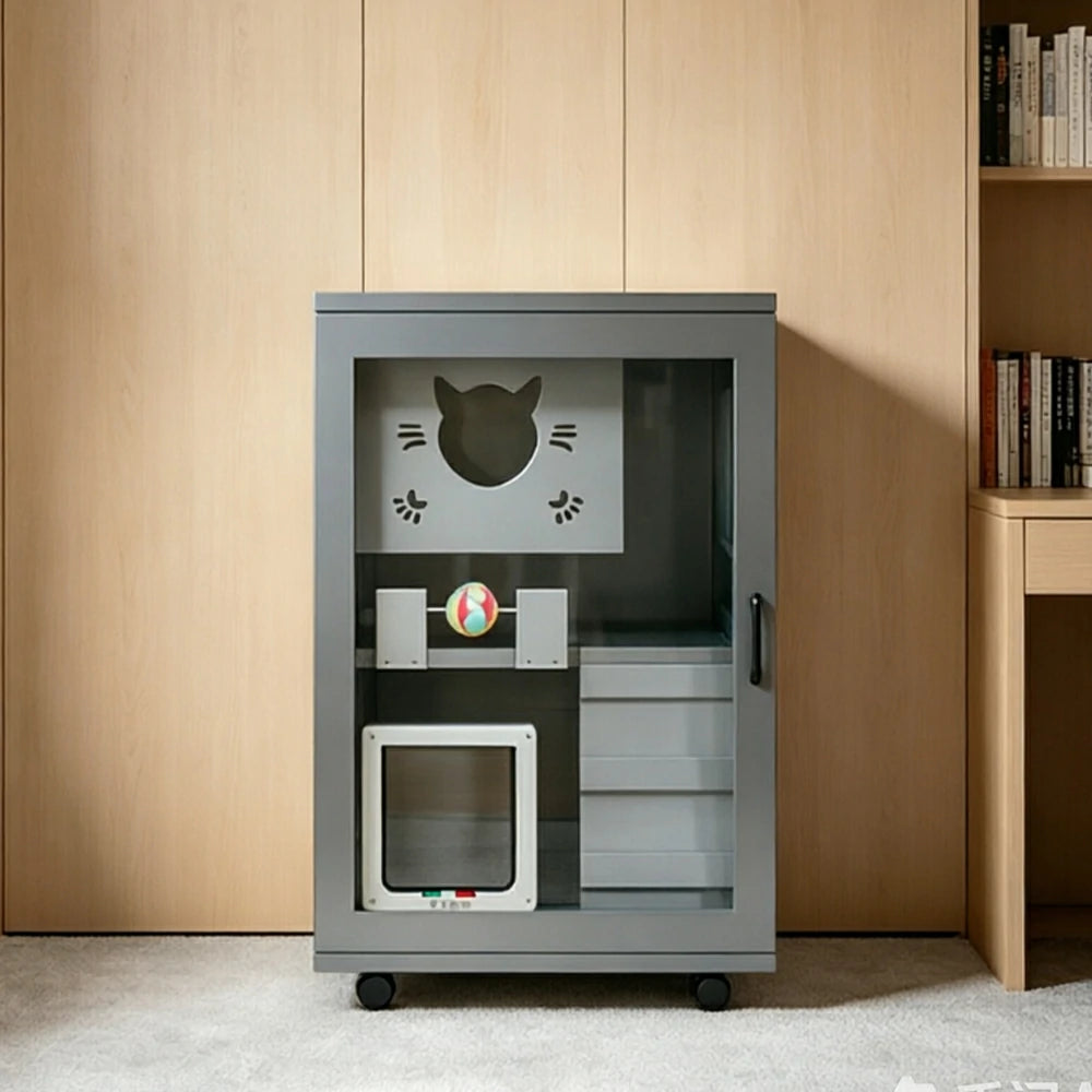 PAWORA Multi-Level Cat Cabinet with Ventilated Transparent Doors 60x60x90cm For Living Room Balcony Pet Room - Grey