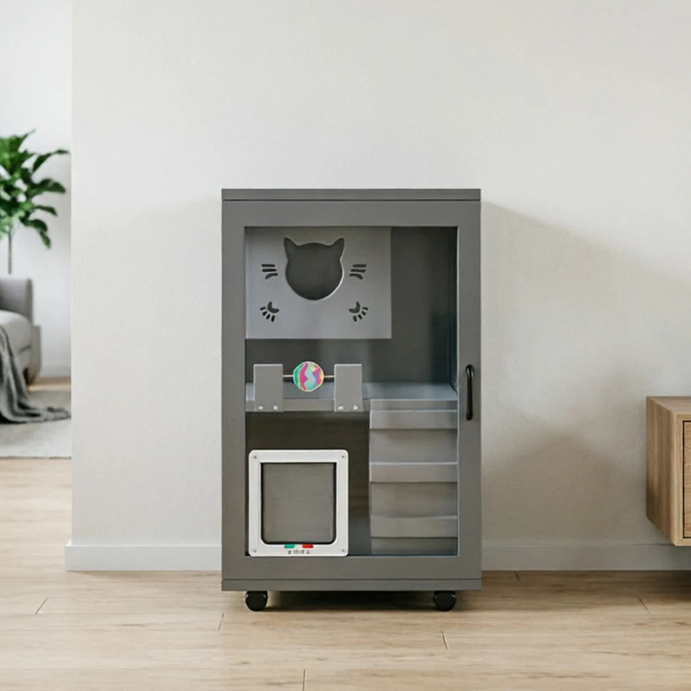 PAWORA Multi-Level Cat Cabinet with Ventilated Transparent Doors 60x60x90cm For Living Room Balcony Pet Room - Grey