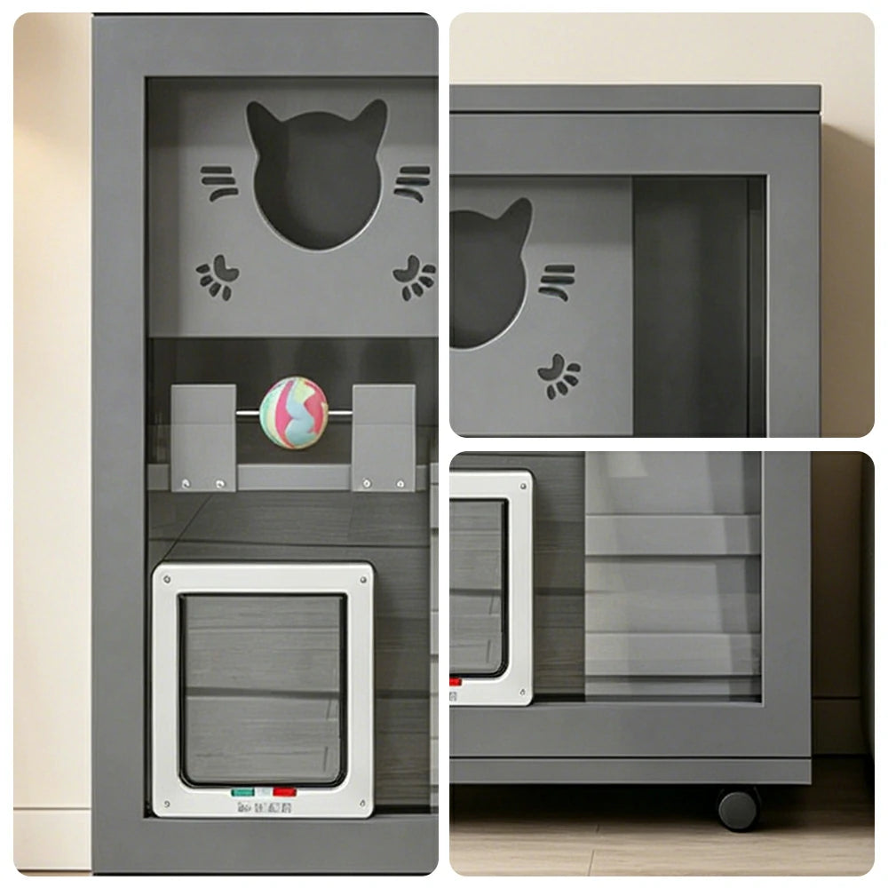PAWORA Multi-Level Cat Cabinet with Ventilated Transparent Doors 60x60x90cm For Living Room Balcony Pet Room - Grey