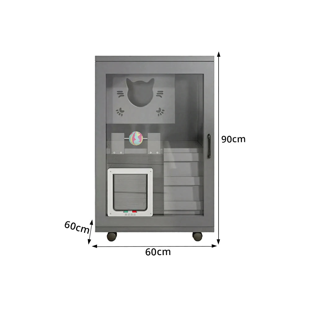 PAWORA Multi-Level Cat Cabinet with Ventilated Transparent Doors 60x60x90cm For Living Room Balcony Pet Room - Grey