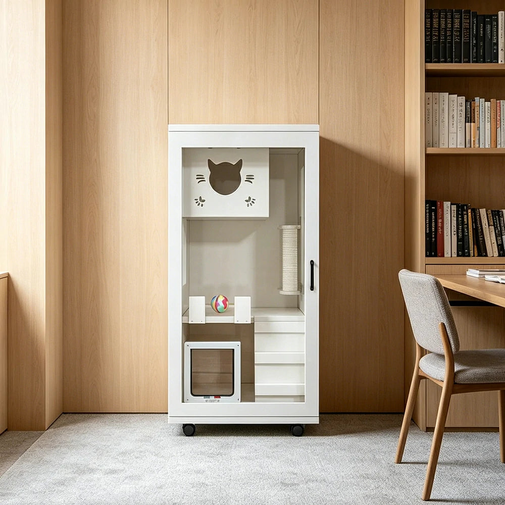 PAWORA Multi-Level Cat Cabinet with Ventilated Transparent Doors 60x60x120cm For Living Room Balcony Pet Room - White