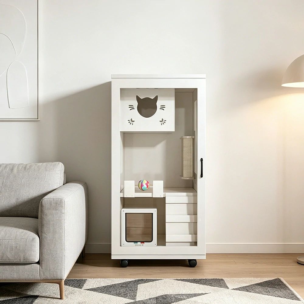 PAWORA Multi-Level Cat Cabinet with Ventilated Transparent Doors 60x60x120cm For Living Room Balcony Pet Room - White