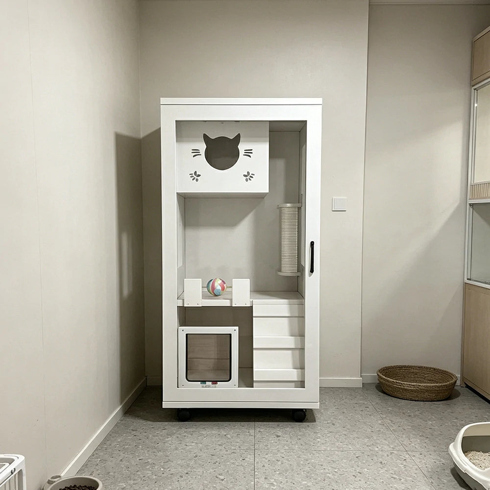 PAWORA Multi-Level Cat Cabinet with Ventilated Transparent Doors 60x60x120cm For Living Room Balcony Pet Room - White