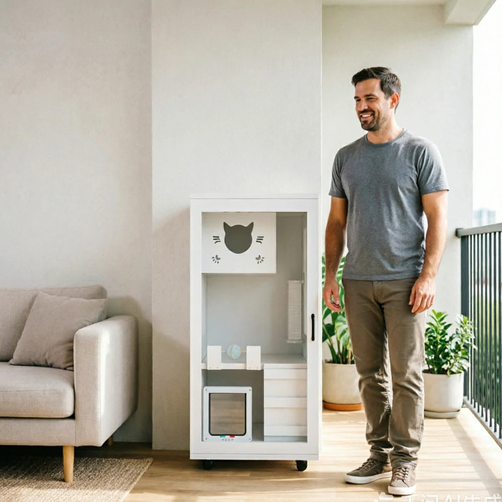 PAWORA Multi-Level Cat Cabinet with Ventilated Transparent Doors 60x60x120cm For Living Room Balcony Pet Room - White