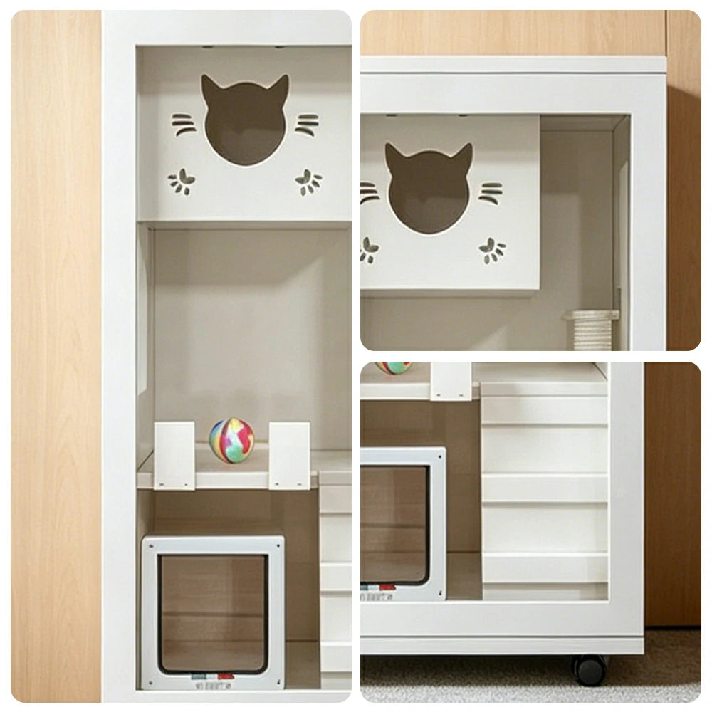 PAWORA Multi-Level Cat Cabinet with Ventilated Transparent Doors 60x60x120cm For Living Room Balcony Pet Room - White