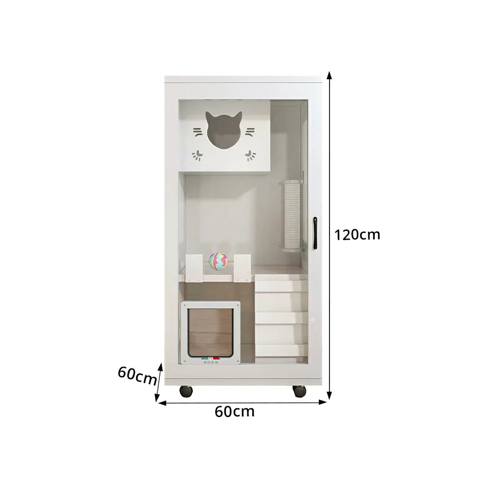 PAWORA Multi-Level Cat Cabinet with Ventilated Transparent Doors 60x60x120cm For Living Room Balcony Pet Room - White