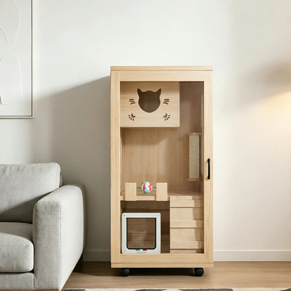 PAWORA Multi-Level Cat Cabinet with Ventilated Transparent Doors 60x60x120cm For Living Room Balcony Pet Room - Wood