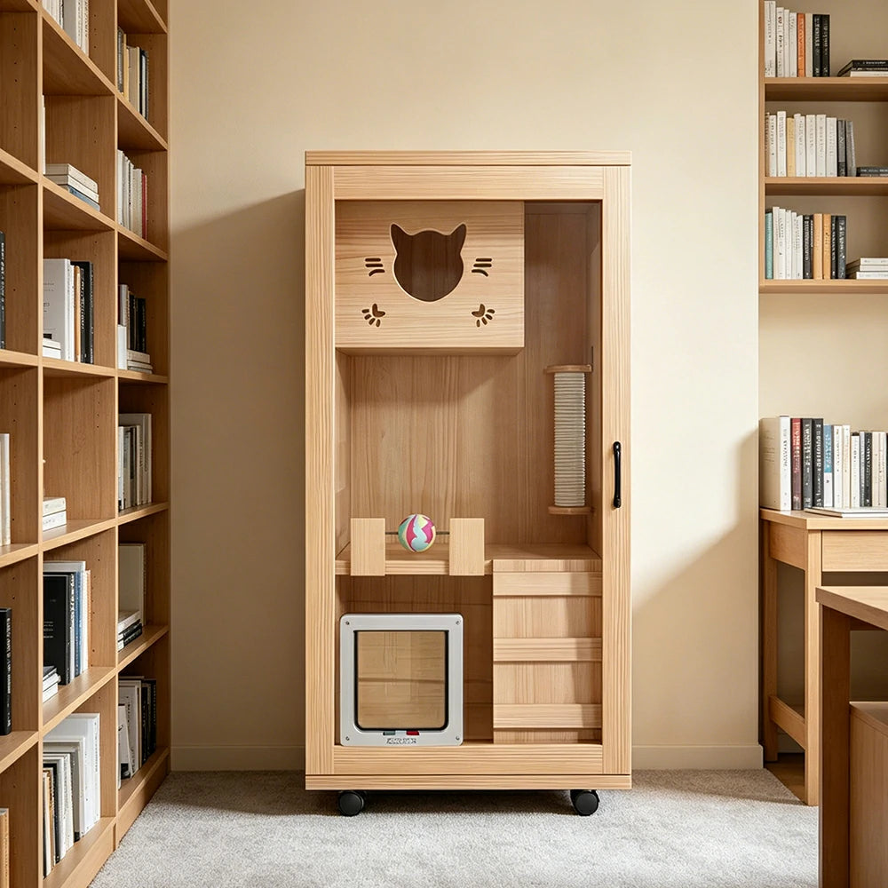 PAWORA Multi-Level Cat Cabinet with Ventilated Transparent Doors 60x60x120cm For Living Room Balcony Pet Room - Wood