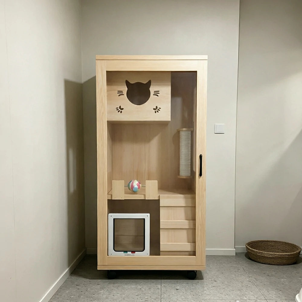 PAWORA Multi-Level Cat Cabinet with Ventilated Transparent Doors 60x60x120cm For Living Room Balcony Pet Room - Wood