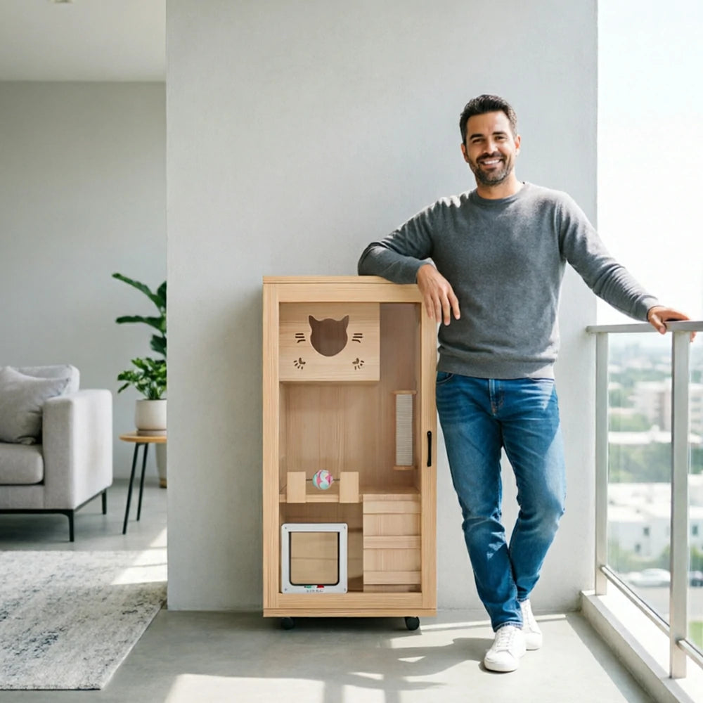 PAWORA Multi-Level Cat Cabinet with Ventilated Transparent Doors 60x60x120cm For Living Room Balcony Pet Room - Wood