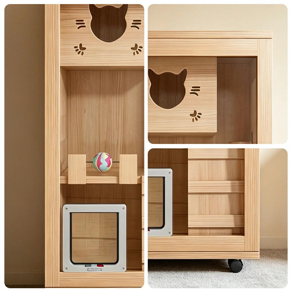 PAWORA Multi-Level Cat Cabinet with Ventilated Transparent Doors 60x60x120cm For Living Room Balcony Pet Room - Wood