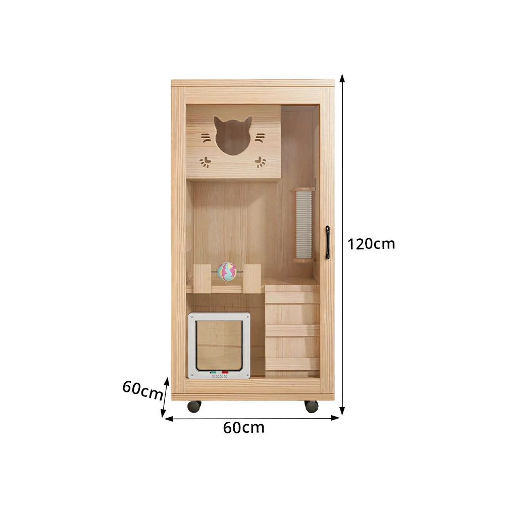 PAWORA Multi-Level Cat Cabinet with Ventilated Transparent Doors 60x60x120cm For Living Room Balcony Pet Room - Wood