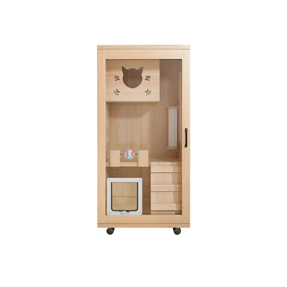 PAWORA Multi-Level Cat Cabinet with Ventilated Transparent Doors 60x60x120cm For Living Room Balcony Pet Room - Wood