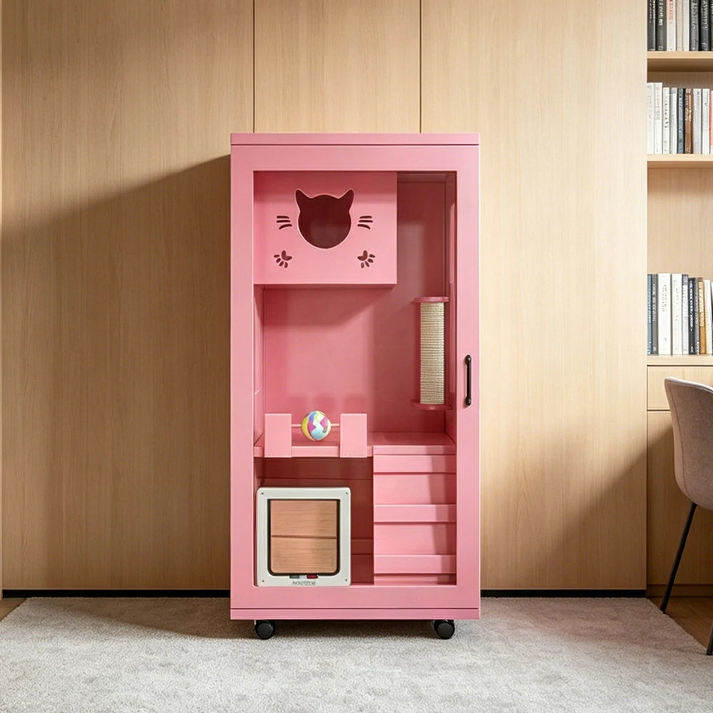 PAWORA Multi-Level Cat Cabinet with Ventilated Transparent Doors 60x60x120cm For Living Room Balcony Pet Room - Pink