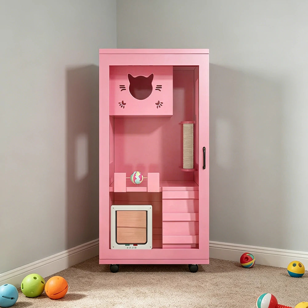 PAWORA Multi-Level Cat Cabinet with Ventilated Transparent Doors 60x60x120cm For Living Room Balcony Pet Room - Pink