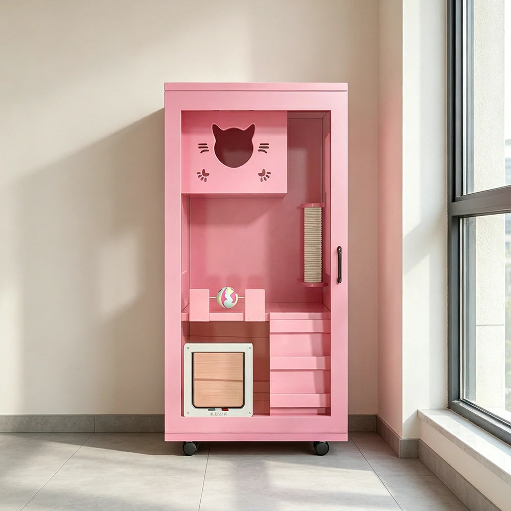 PAWORA Multi-Level Cat Cabinet with Ventilated Transparent Doors 60x60x120cm For Living Room Balcony Pet Room - Pink