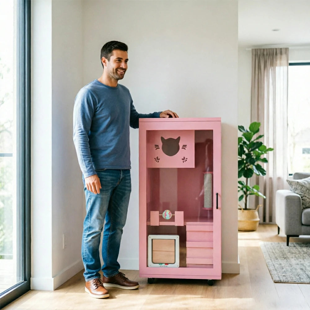 PAWORA Multi-Level Cat Cabinet with Ventilated Transparent Doors 60x60x120cm For Living Room Balcony Pet Room - Pink