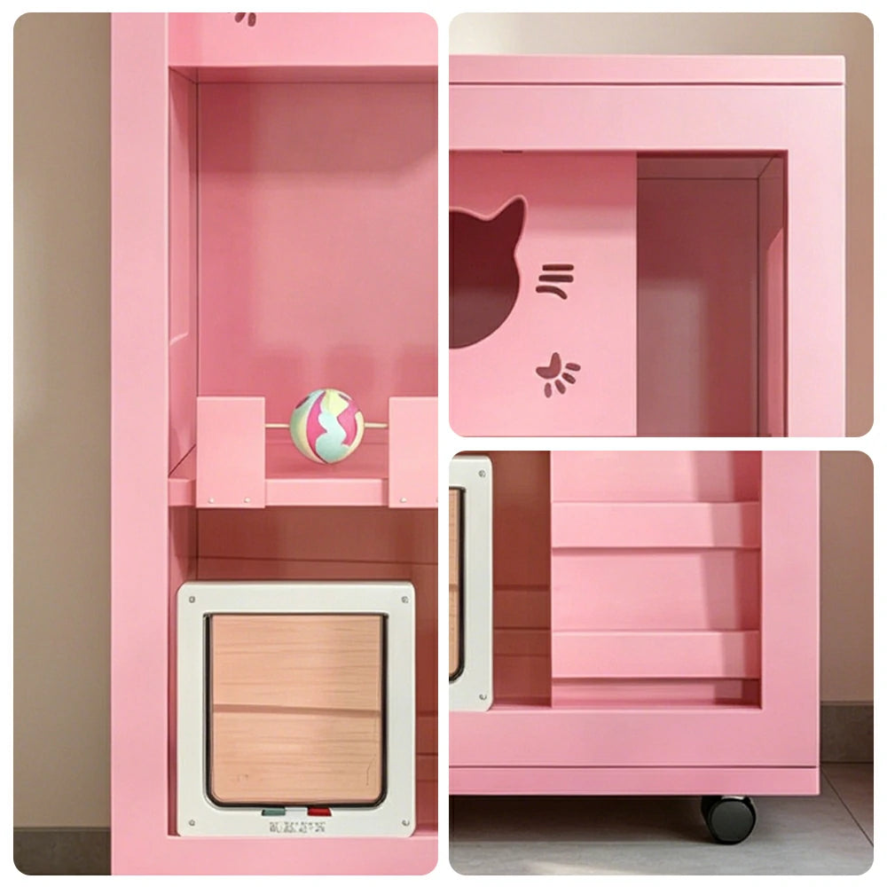 PAWORA Multi-Level Cat Cabinet with Ventilated Transparent Doors 60x60x120cm For Living Room Balcony Pet Room - Pink