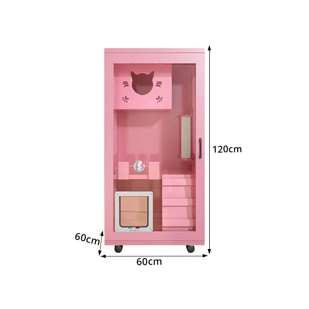 PAWORA Multi-Level Cat Cabinet with Ventilated Transparent Doors 60x60x120cm For Living Room Balcony Pet Room - Pink