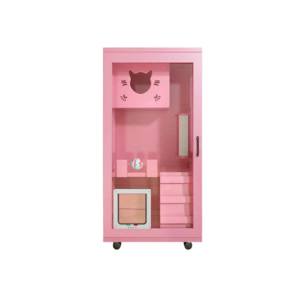 PAWORA Multi-Level Cat Cabinet with Ventilated Transparent Doors 60x60x120cm For Living Room Balcony Pet Room - Pink