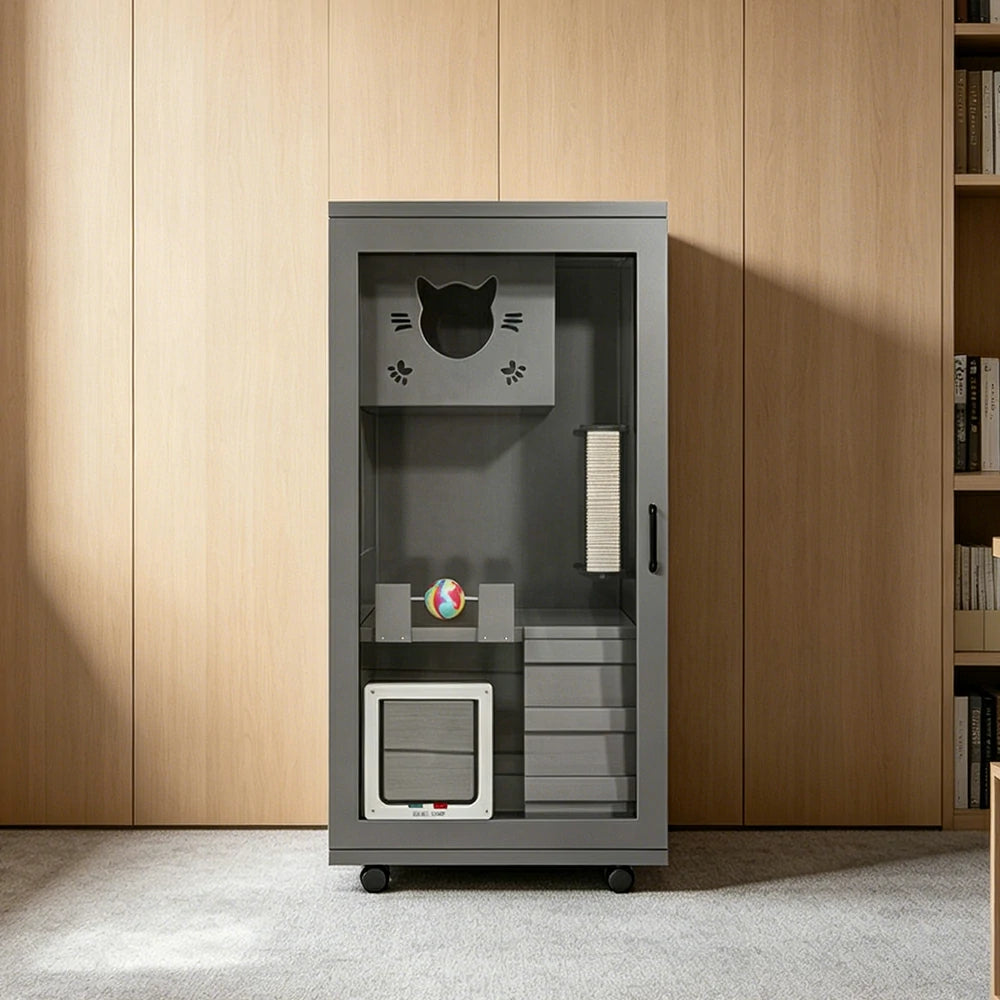 PAWORA Multi-Level Cat Cabinet with Ventilated Transparent Doors 60x60x120cm For Living Room Balcony Pet Room - Grey