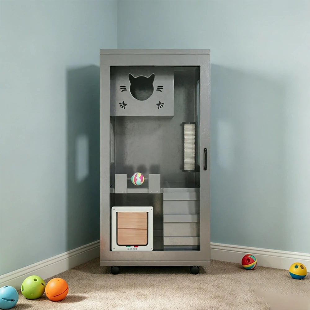 PAWORA Multi-Level Cat Cabinet with Ventilated Transparent Doors 60x60x120cm For Living Room Balcony Pet Room - Grey