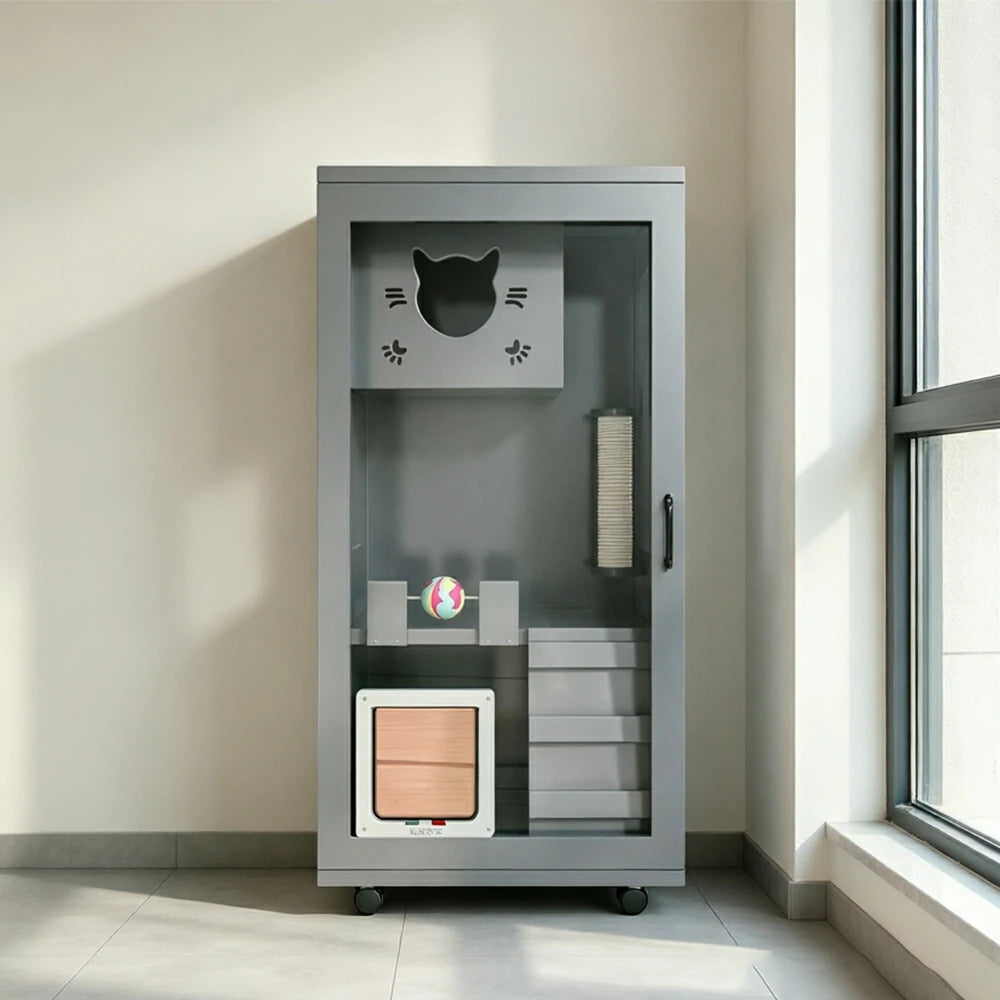 PAWORA Multi-Level Cat Cabinet with Ventilated Transparent Doors 60x60x120cm For Living Room Balcony Pet Room - Grey