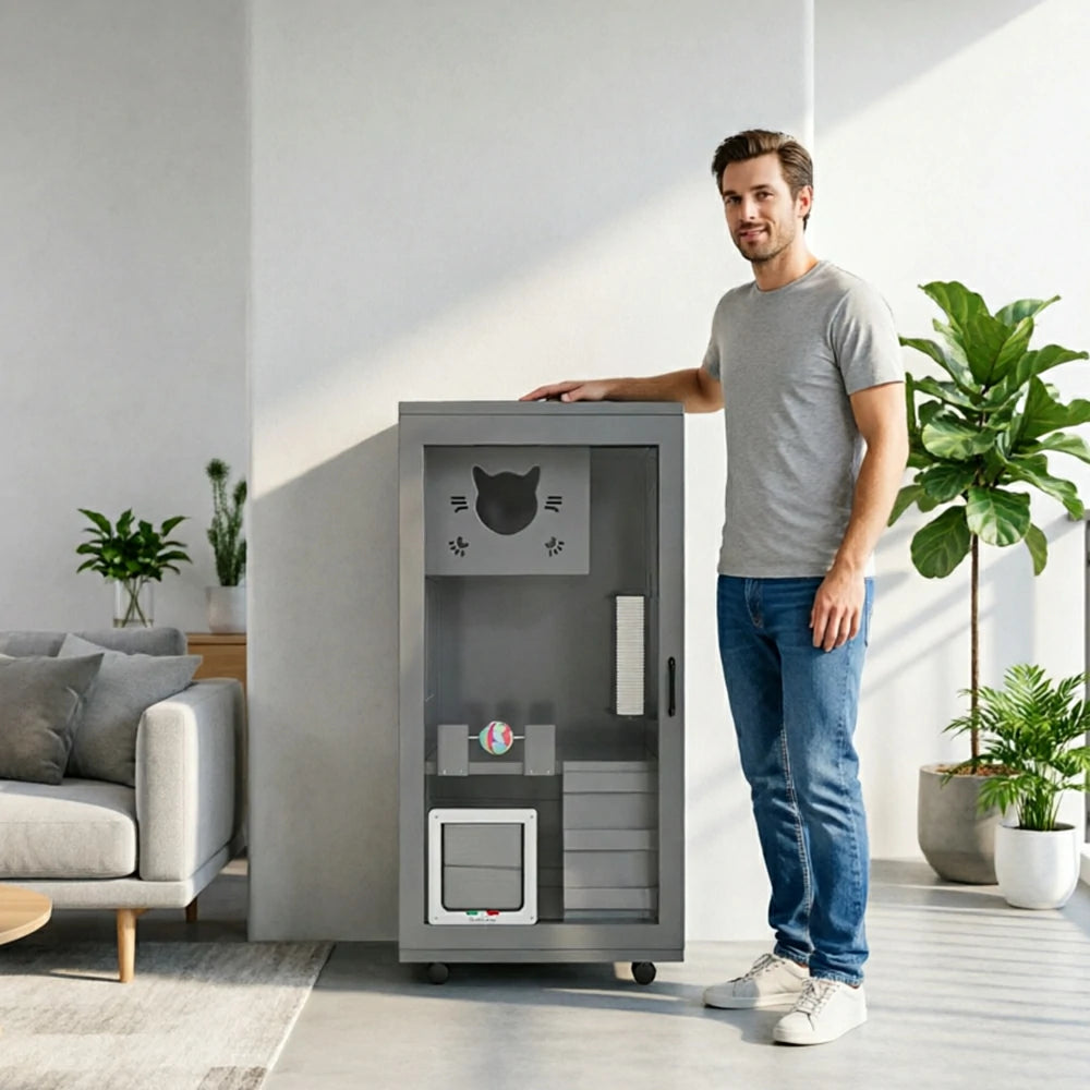 PAWORA Multi-Level Cat Cabinet with Ventilated Transparent Doors 60x60x120cm For Living Room Balcony Pet Room - Grey