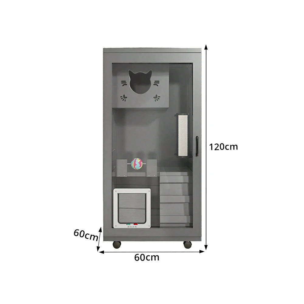 PAWORA Multi-Level Cat Cabinet with Ventilated Transparent Doors 60x60x120cm For Living Room Balcony Pet Room - Grey