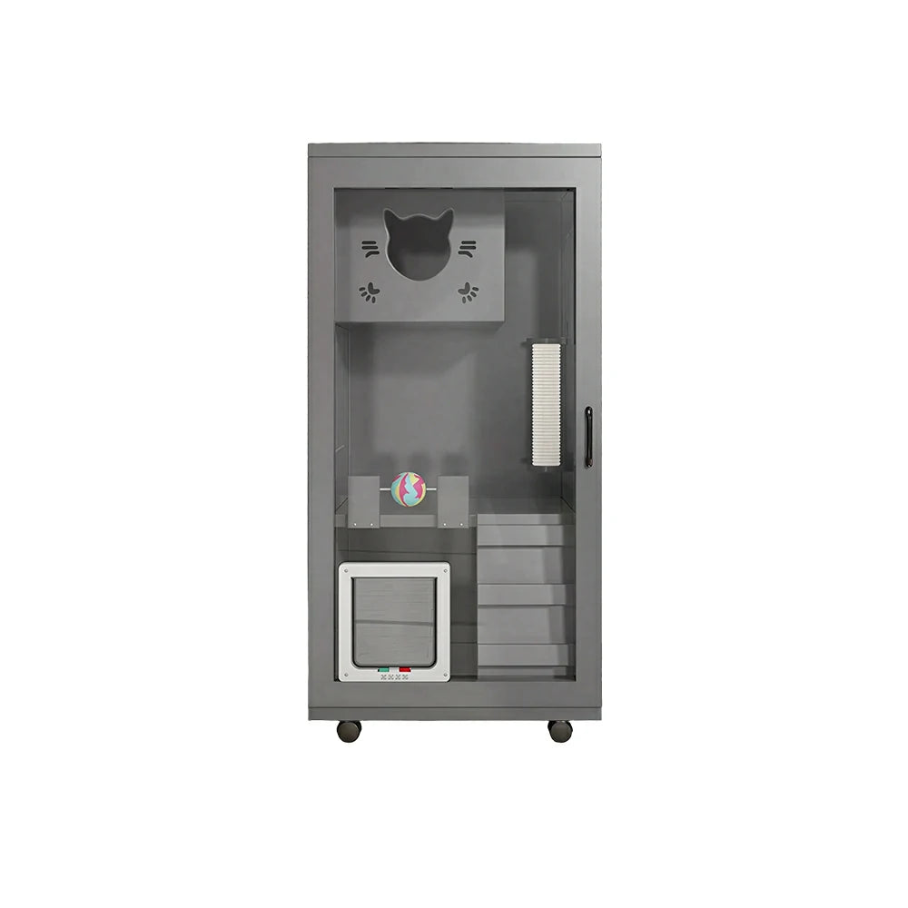 PAWORA Multi-Level Cat Cabinet with Ventilated Transparent Doors 60x60x120cm For Living Room Balcony Pet Room - Grey
