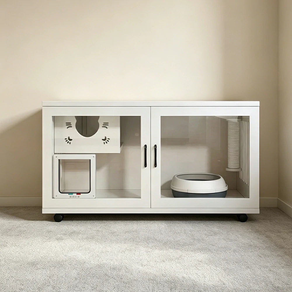 PAWORA Multi-Level Cat Cabinet with Ventilated Transparent Doors 120x60x60cm For Living Room Balcony Pet Room - White